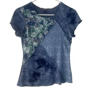 Y2k Size XS Blue Green‎ Mixed Floral Lace Blue Flutter Shirt Patchwork Cotage